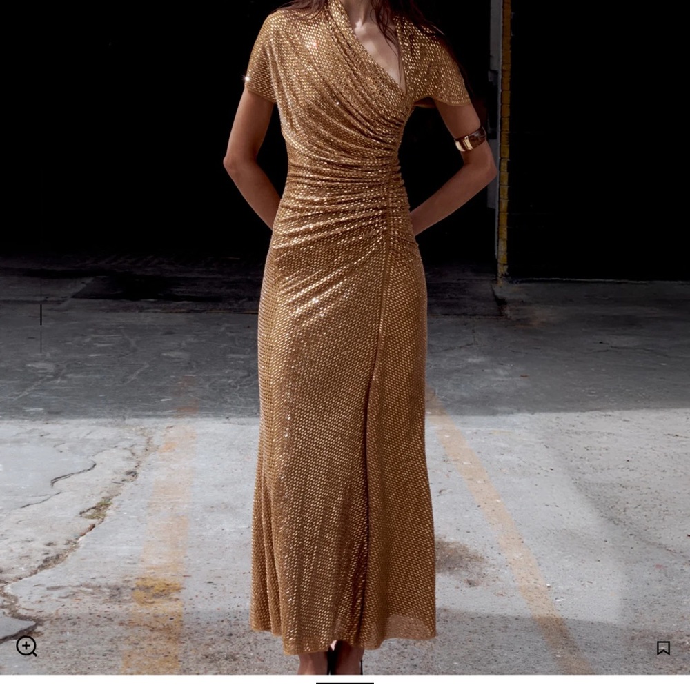 Self Portrait GOLD RHINESTONE DRAPE MIDI DRESS size 6 - Picture 6 of 13